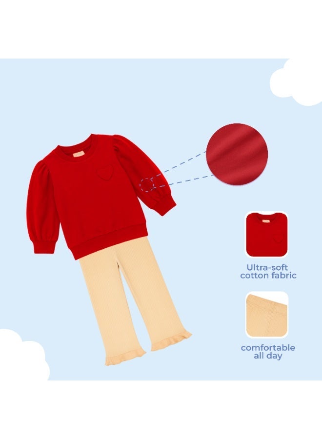 Luay Girls Winter Co-ord Set | Organic Cotton Top & Bottom | SoftCozy Winter Wear | Stylish Outfit ( Red) - Image 5